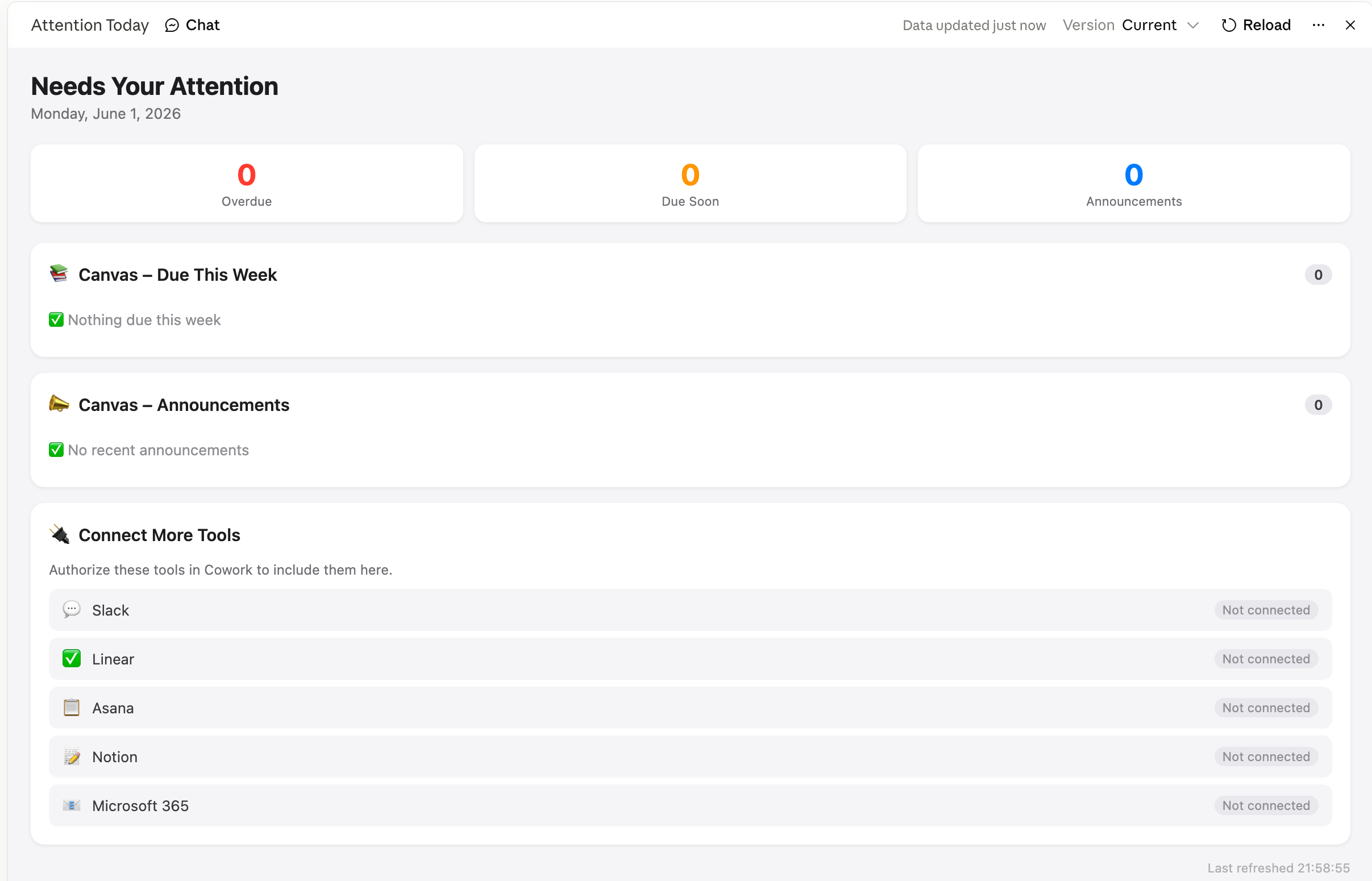 An 'Attention Today' dashboard rendered by Claude: overdue, due-soon, and announcement counts across the top, then Canvas sections for work due this week and recent announcements, and a list of other tools that can be connected.